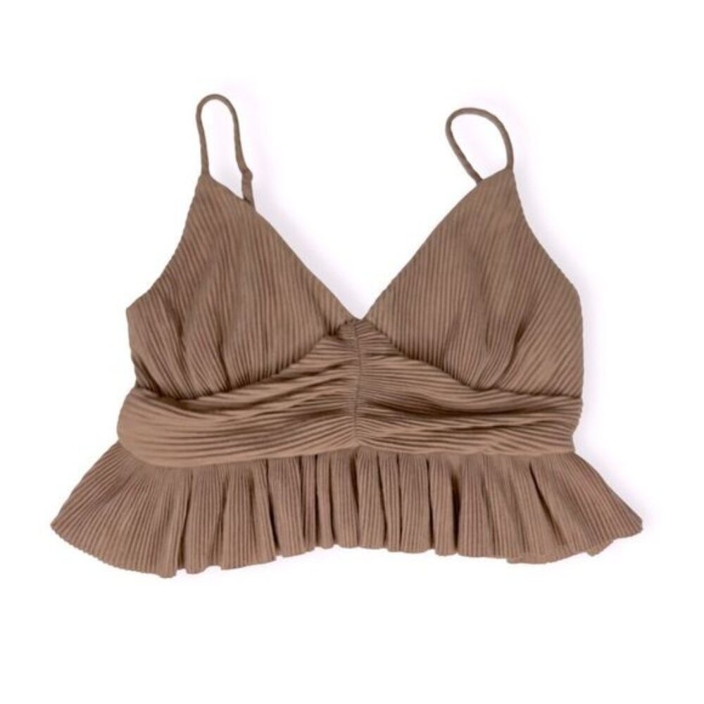 Urban Outfitter’s Crop Tank Top Ruffle Trim Tan Brown Neutral Adjustable Size XS